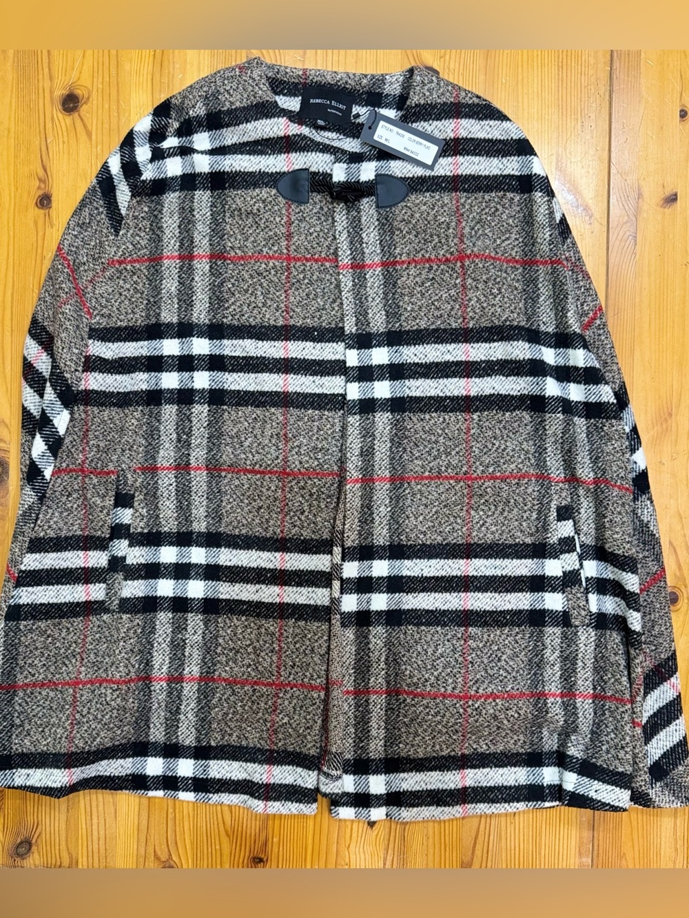 Rebecca Elliot Plaid Wool Cape Jacket - Neutral Tones with Red Accents